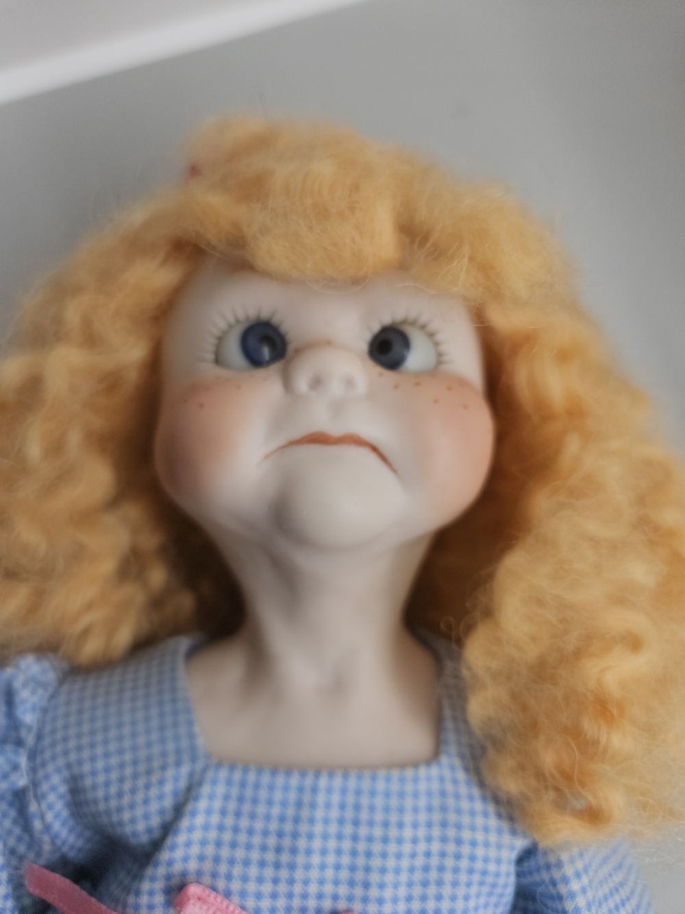 Vintage 14" Porcelain Doll Pouty Frowny Face Strawberry Blonde Gingham & Jeans